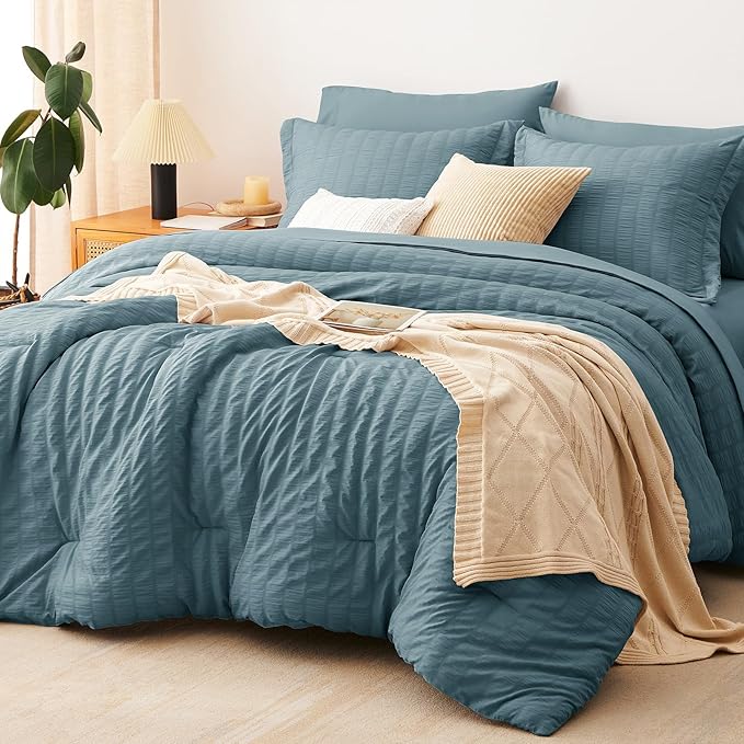 CozyLux King Size Comforter Set Mineral Blue Seersucker 7 Pieces Bed in a Bag King Comforter Set with Sheets, Luxury Soft Bedding Sets with Down Alternative Comforter, Sheets, Pillowcases & Shams
