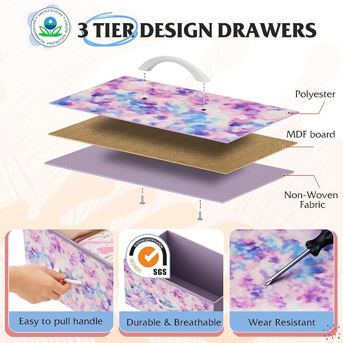 WLIVE 9 Drawer Dresser, Fabric Storage Tower for Bedroom, Hallway, Closet, Tall Chest Organizer Unit for Bedroom with Fabric Bins, Steel Frame, Wood Top, Tie-dye Print (Pink, Purple, Blue) - Image 5