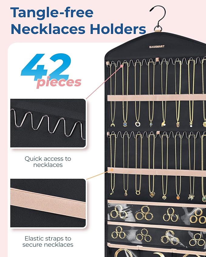 BAGSMART Hanging Jewelry Organizer with Hanger Metal Hooks Double-Sided Jewelry Holder for Organizing Earrings Necklaces Rings Perfect for in Hanging Closet, Wall, Door, 1 Piece, Large, Black - Image 3