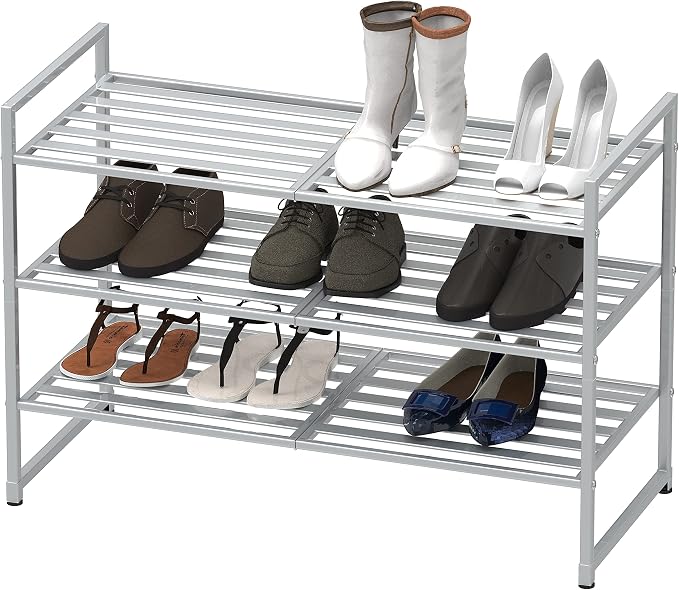 Simple Houseware 3-Tier Stackable Metal Panel Shoes Rack, Silver - Image 4