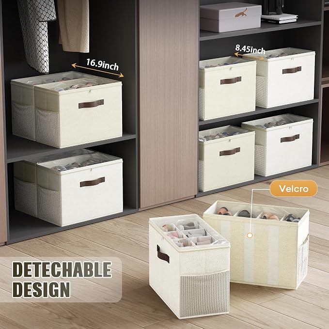 Budding Joy 2 Pack Shoe Organizer for Closet, Clear Foldable Shoe Storage Containers Adjustable Dividers Fits 16 Pairs,Shoe Storage Bins Baskets Boxes with Reinforced Handles Beige Yellow Beige - Image 5
