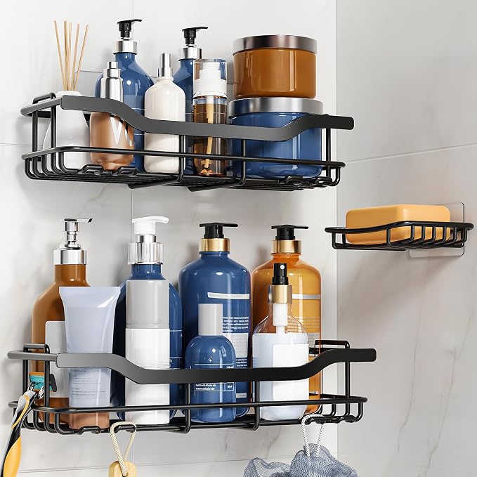 OMAIRA 3-Pack Shower Caddy with Soap Holder, Adhesive Rustproof No-drill Strudy Loading Inside Shower Organizer Shelves Rack Storage Bathroom Organization for Smooth Wall Glass Tile, Black (X-Large) - Image 2
