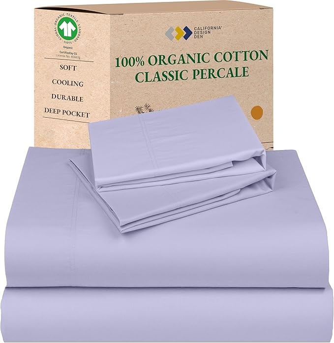 California Design Den California King Sheet Set - Soft 100% Organic Cotton Sheets with Deep Pockets, Crisp Percale, Breathable and Durable Bedding Set - Lavender Mist