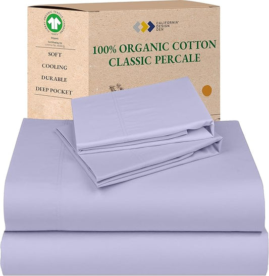 California Design Den Full Sheets Set - Soft 100% Organic Cotton Bed Sheets with Deep Pockets, Crisp Percale, Breathable and Durable Bedding Set - Lavender Mist