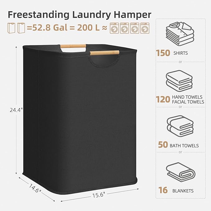 STORAGE MANIAC 2-Pack Large Laundry Hamper, 100L (26.4 Gal) Collapsible Laundry Basket with Bamboo Handles, Freestanding Waterproof Clothes Hamper for Laundry Room, Bedroom, Dorm, Towels, Toys, Black - Image 4
