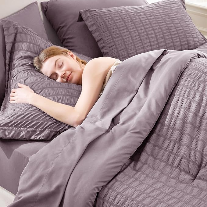 CozyLux King Size Comforter Set Dusty Purple Seersucker 7 Pieces Bed in a Bag King Comforter Set with Sheets, Grayish Purple Luxury Bedding Set Down Alternative Comforter, Sheets, Pillowcases & Shams