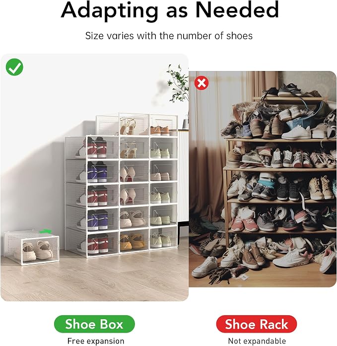 Foluck X-Large Shoe Storage Box, 15 Pack Clear Plastic Stackable Shoe Organizer for Closet, Interlocking Design Shoe Container Bins for Sneakers, Foldable Shoe Rack with Lids, White - Image 5