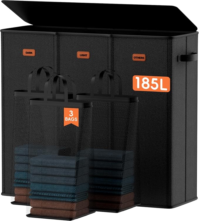 185L Laundry Hamper 3 Section, Laundry Hamper with Lid, Dirty Clothes Hamper with 3 Removable Washing Bags, Extra Large Laundry Basket Organizer for Bedroom, Laundry Room, Dorm - Black by Vexalora