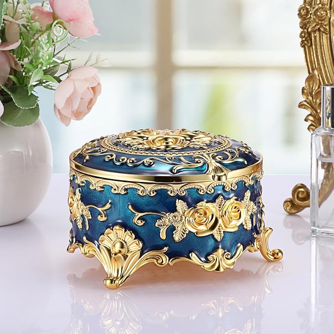 Hipiwe Vintage Jewelry Box Metal Keepsake Box Round Treasure Storage Case for Ring Earrings Necklace Holder Wedding Birthday Gift for Woman, Blue, 5.7" L x 5.1" W x 3.5" H - Image 5