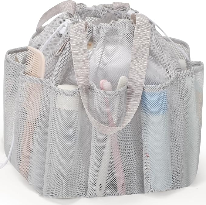 famichan Mesh Shower Caddy Portable with Drawstring, Dorm Room Essentials for College Students, Grey Shower Bag for Camping,Swimming,Gym,Travel,Bathroom by famichan