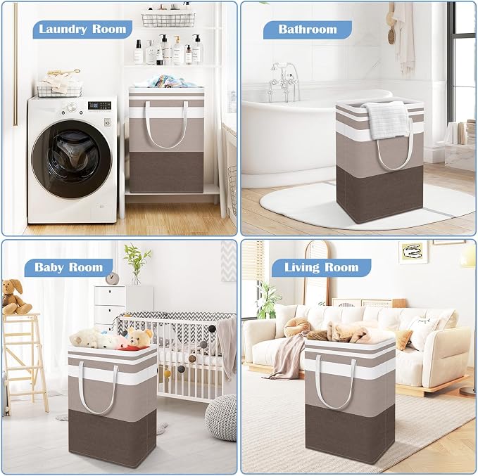 BlissTotes 3-Pack Laundry Basket, Freestanding＆Waterproof Laundry Hamper, Collapsible Tall Clothes Hamper with Easy Carry Handles for Clothes, Towels in the Family and Dorm,Gradient Khaki,125L - Image 6