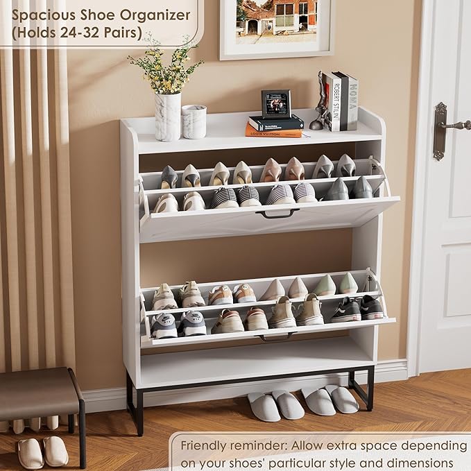 Nicetree Shoe Storage Cabinet with 2 Flip Drawers, Freestanding Shoe Organizer, Shoe Cabinet with Metal Legs, Narrow Shoe Rack Cabinet, Farmhouse Slim Shoe Cabinet for Entryway, Foyer, Hallway, White - Image 5