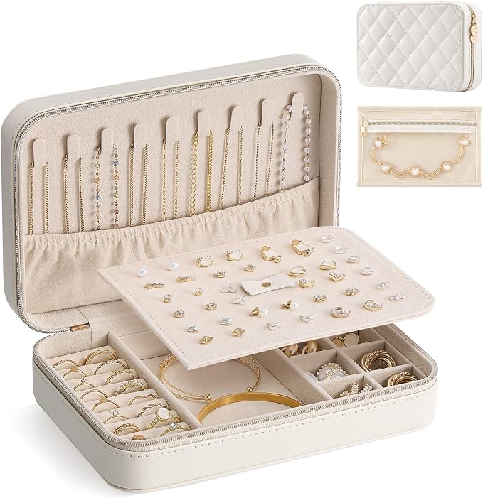 Lolalet Travel Jewelry Case for Women Girls, PU Leather Jewelry Organizer with Clear Storage Bag Small Portable Jewelry Box for Necklace Bracelet Earring Ring Mothers Day Birthday Gifts -Large/Beige by Lolalet
