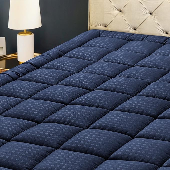 HYLEORY Full XL Mattress Pad Quilted Fitted Mattress Protector Cooling Pillow Top Mattress Cover Breathable Fluffy Soft Mattress Topper with 8-21" Deep Pocket, Navy