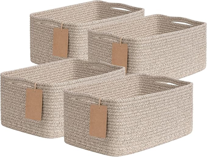 Goodpick 4 Pack Storage Baskets for Shelves, Rectangle Woven Baskets for Organizing, Closet Storage Bins with Handles, Decorative Toy Organizer Basket for Gifts, 13''L x 8''W x 6''H, Brown by Goodpick