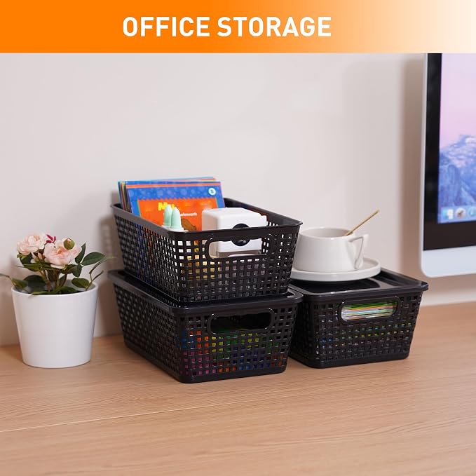 Plastic Storage Baskets With Lid, Storage Bins for Organizing, Stackable Decorative Containers for Shelves Drawers Desktop Closet Playroom Classroom Office,10 Pack-Black - Image 8