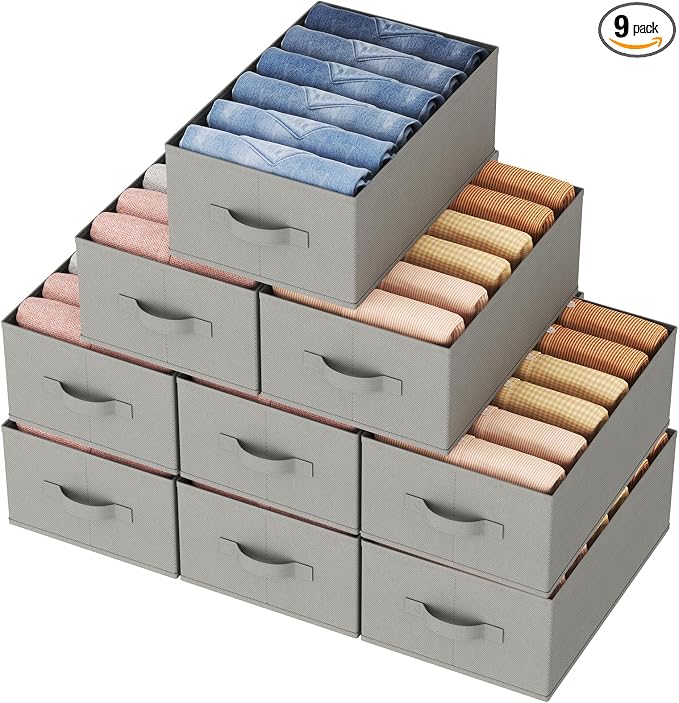 Lifewit 9 Pack Clothes Organizer, 6 Grids Closet Jean Storage Bins with Handles and Support Boards, Foldable Drawer Organizer for Sweater, Pants, T-shirt, Dress, Grey, Size 16.5''x10.6''x7.1'' by Lifewit