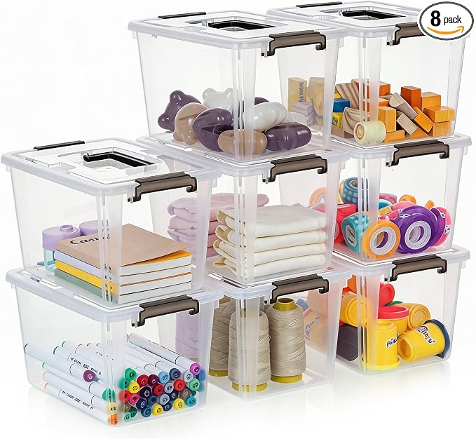 Citylife 8 Packs 6 QT Plastic Storage Bins with Latching Lids Clear Storage Box with handle Stackable Storage Containers for Organizing Snacks, Crafts, Toys, Tools by CitylifeHomeOrganization