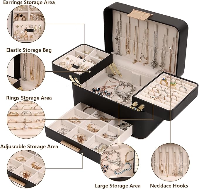 KAMIER Jewelry Box, 3 Layers Jewelry Organizer with Drawers, PU Leather Jewelry Storage Organizer for Earring, Ring, Necklace, Bracelets, Christmas Gift, Jewelry Boxes for Women Girls (Beige) - Image 3