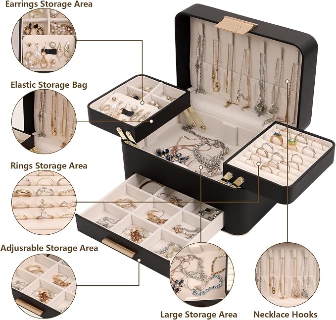 KAMIER Jewelry Box for Women, 3 Layers Jewelry Organizer with Drawers, Large Jewelry Storage Organizer for Earring, Ring, Necklace, Bracelets, Green - Image 2