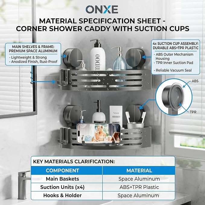 ONXE Suction Cup Shower Caddy,No Drilling Corner Shower Shelves Heavy Duty,Shower Organizer with Hooks,Rustproof Waterproof Space Aluminum Bathroom Storage,Home Accessories Decor - Image 4