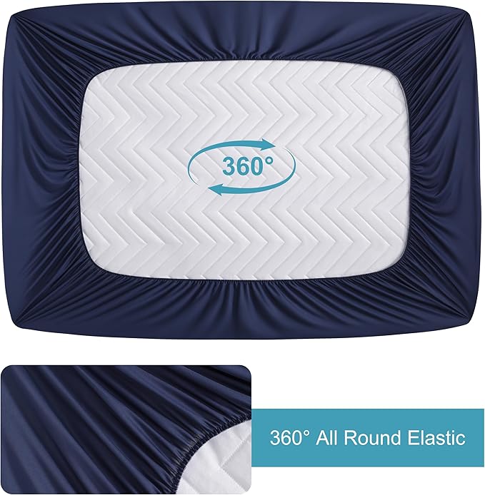 Quilted Waterproof Mattress Protector - Twin Size 15" Deep Pocket Fitted Sheet, Ultra-Soft Breathable and Machine Washable Mattress Pad Cover - Navy Blue