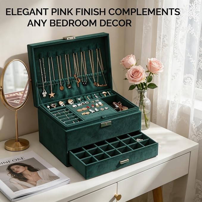 Jewelry Organizer Box for Women Girls, Jewelry Box 3-Tier Jewelry Display Case and Organizer,Lockable Jewelry Display Case Anti Tarnish,Varying Compartments for Necklaces, Bracelets, Rings - Image 3
