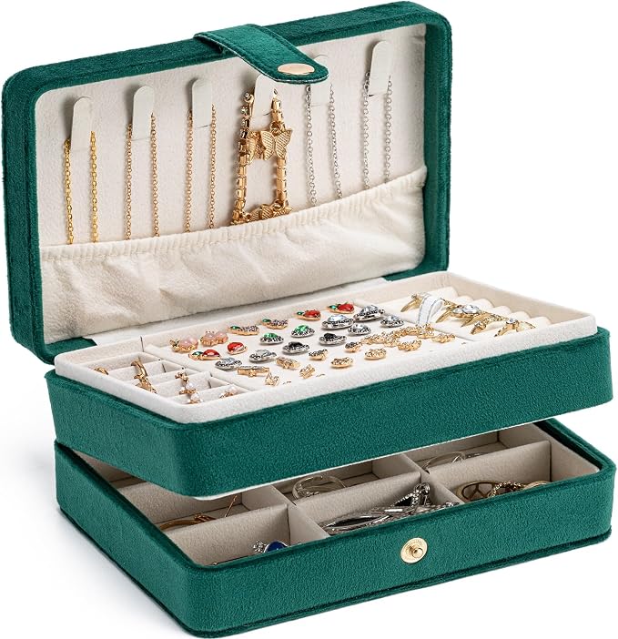 MODENGKONGJIAN Jewelry Organizer Box, 2-Layer Large Jewelry Storage Case, Portable Travel Jewelrys Display Holder for Earrings, Necklaces, Bracelets (Green,Velvet) by MODENGKONGJIAN