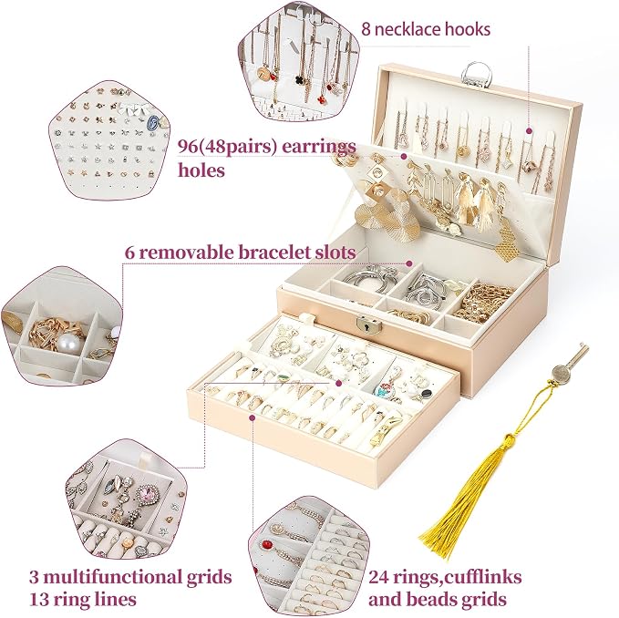 BOOVO Earring Jewelry Box For Women Girl Stud Organizer, 4 Layers Girl Jewelry Organizer Box With Lock Earring Holder Organizer Necklace Ring Jewelry Organizer Box For Girls (Champagne, 4 layer) - Image 3
