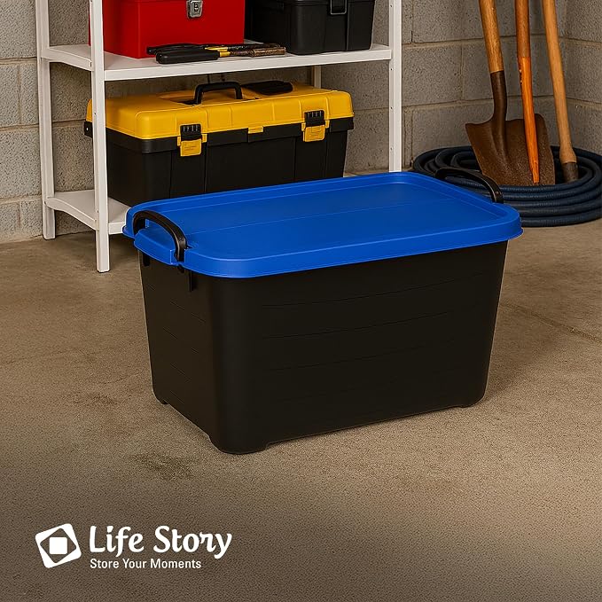 Life Story 6 Pack Heavy Duty Stackable Storage Bin, 55 Quart Home Organizer, Versatile Lightweight Locking Bins with Carrying Handles, Black/Blue - Image 6