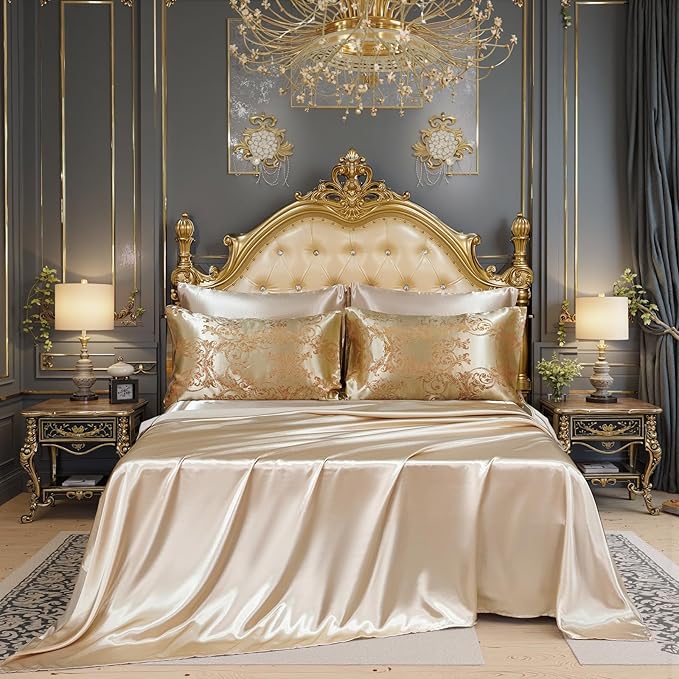 King Size 8-Piece Jacquard Comforter Set with Satin Sheets Set – Elegant Coordinated Bedding Collection for Bedroom Gold Bed-in-a-Bag