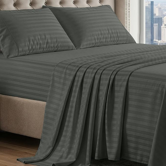 LANE LINEN 100% Egyptian Cotton Bed Sheets Queen Size, Long Staple Soft & Comfy Sateen Weave No Pill Fade Resistant Machine wash 15" Deep Pocket Queen Sheets - Damask Stripe Dark Grey