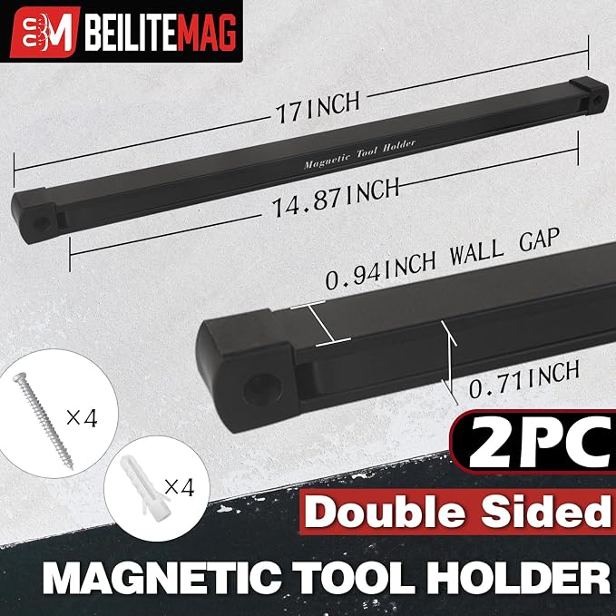 Double Sided Magnetic Tool Holder, 17 Inch Magnetic Screwdriver Holder Rack, Easy to Install Magnet Tool Organizer for Garage Storage, Workshop, Jobsite, Shed and Kitchen (2 Pack) - Image 4
