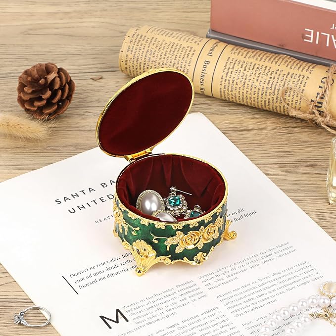 Hipiwe Vintage Jewelry Box Small Trinket Storage Organizer Box Gold Metal Chest Ring Case Treasure Chest Round Keepsake Boxes for Earrings Necklace Gift for Women,Green - Image 7