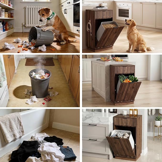 Tilt-Out Trash Cabinet with 10-Gallon Capacity, Walnut Laundry Hamper Cabinet, 34.3 x 19 x 13.8 inches, Wave-Textured Front. - Image 5