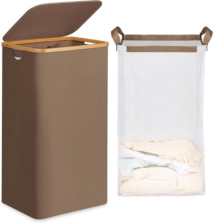 efluky 26 Gal Laundry Basket with Lid and Net Bag, Tall Laundry Hamper with Bamboo Handles, Aesthetic Dirty Clothes Bin for Laundry Room, Bathroom, Bedroom and Dorm, Brown by efluky