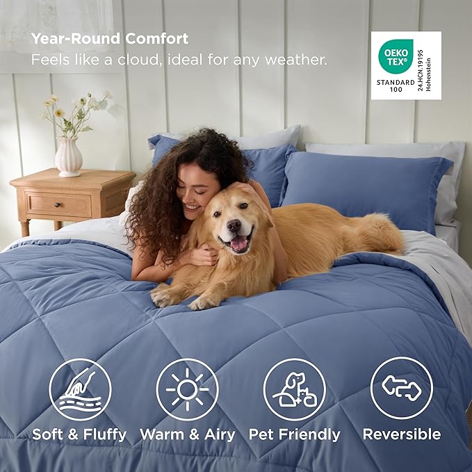 Bedsure Full Size Comforter Set - 7 Pieces Reversible Infinity Blue Bedding, Full Size Bed Set for All Seasons, Bed in a Bag with Down Alternative Comforter, Sheets, Pillowcases & Shams