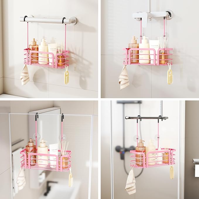 SWTYMIKI Shower Caddy Hanging Organizer - Over the Door Shower Caddy with 6 Hooks, 2 Installation Ways, Stainless Steel Rustproof Bathroom Organizer, Pink Small - Image 2