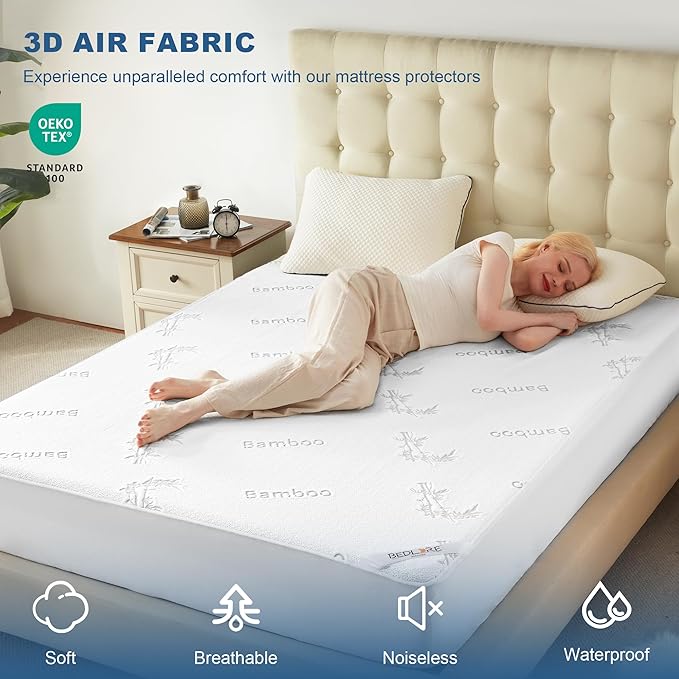 BEDLORE Queen Size Waterproof Mattress Protector Viscose Derived from Bamboo, Soft Mattress Cover Fitted with Deep Pocket 6"-18", Breathable Noiseless Mattress Pad, Machine Washable(White)