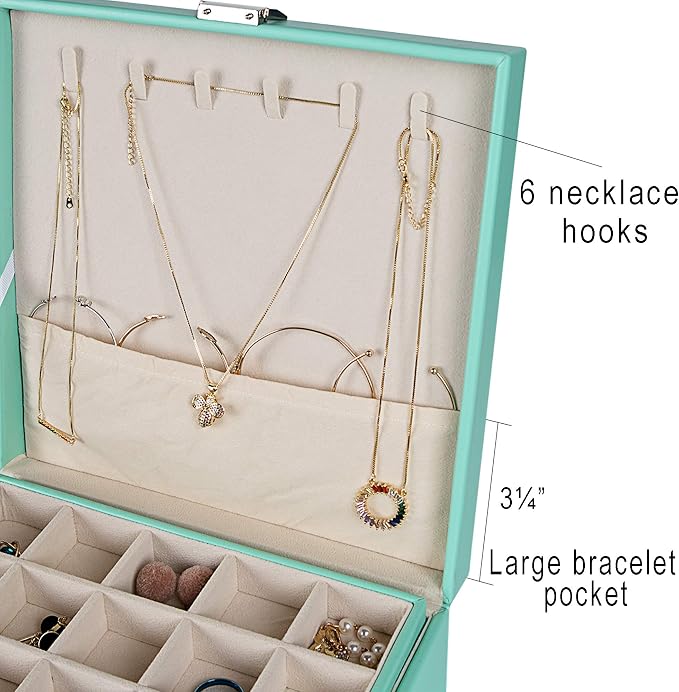 Frebeauty Earring Organizer Classic Jewelry Box 50 Slots Double Layer Jewelry Storage Case with 6 Necklace Hook and Bracelet Pocket(Turquoise) - Image 3