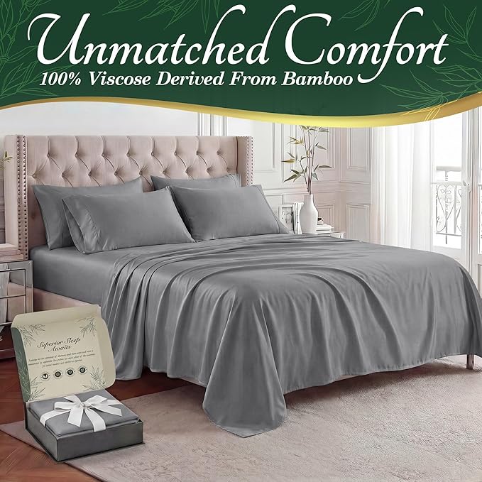 DECOLURE 100% Viscose Derived from Bamboo Sheets Queen Size - Luxury 6 Pc Naturally Cooling Sheets, Ultra Soft Bed Set - Deep 17" Pockets, Durable Double Stitching, Oeko Tex Standard (Midgrey)