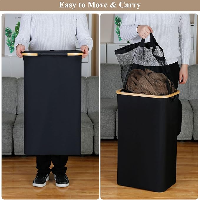 iEGrow Laundry Hamper with Lid, 110L Large Laundry Hamper with Handle and Lid, Collapsible Clothes Basket Organizer with Removable Inner Bag for Clothes Toys Towels - Black - Image 2