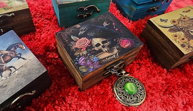 Trinket Box Small Jewelry Keepsake Box | Earrings Necklace Storage Box for Girls Women | Gift Idea, Birthday Christmas, Weddings, Animals Ornaments for Home Décor (Mystical Raven and Skull) - Image 7