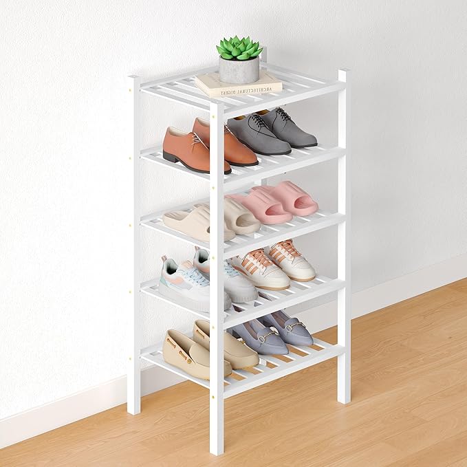Smiry Bamboo Shoe Rack for Closet, 5 Tier Small Wooden Stackable Shoe Organizer, Free Standing Shoes Storage Shelf for Entryway, Front Door Entrance, White by Smiry