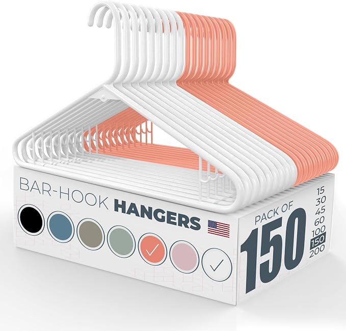 Neaties Plastic Hangers 100+ Pack (150 Count) – Made in the USA – 6lb Capacity Standard Clothes Hangers with Strap Hooks for Dresses, Lingerie, Shirts, Pants, and Jackets – White & Peach by NeatiesHangers