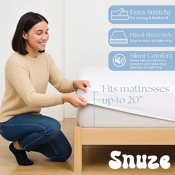 Snuze Soft Terry Mattress Protector – Full Size, Waterproof Cover – Soft, Breathable, Machine Washable, Fits Up to 20” Deep Mattress