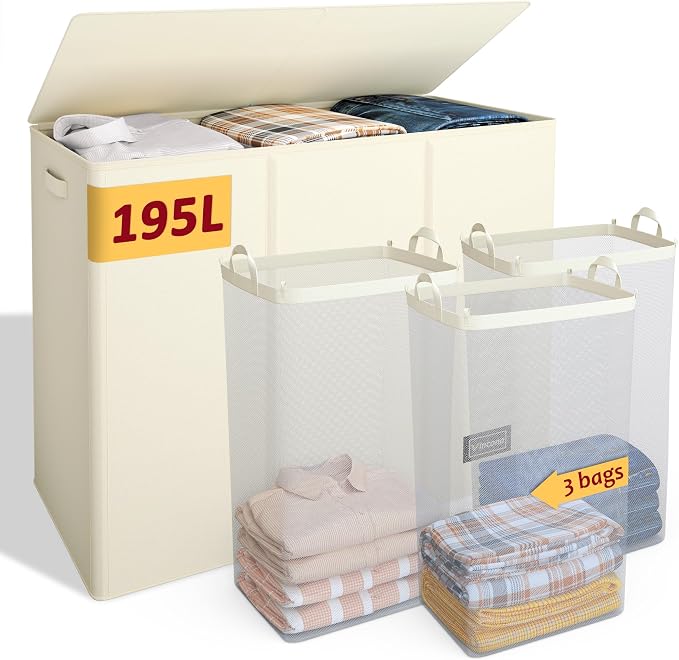 195L Laundry Hamper 3 Section,Large Laundry Hamper with Lid,Dirty Clothes Hamper with 3 Inner Bags,Collapsible Laundry Basket Organizer for Laundry Room,Bedroom,Laundry Sorter Hamper 3 Compartment by Vincona