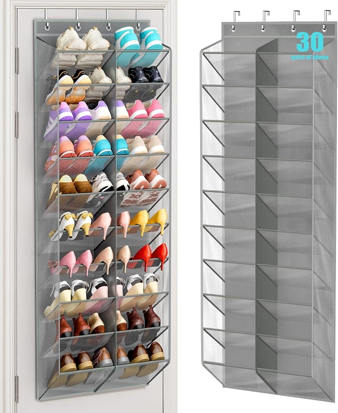 MISSLO 30 Pairs Over the Door Shoe Organizer Breathable Mesh Hanging Shoe Rack for Closet Storage with Wide Deep Pockets 10 Tier Shoes Holder Fit All the Family's Sneakers, Boots, Heels (Grey, 71") by MISSLO