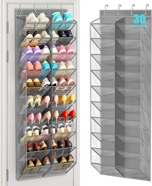 MISSLO 30 Pairs Over the Door Shoe Organizer Breathable Mesh Hanging Shoe Rack for Closet Storage with Wide Deep Pockets 10 Tier Shoes Holder Fit All the Family's Sneakers, Boots, Heels (Grey, 71") by MISSLO