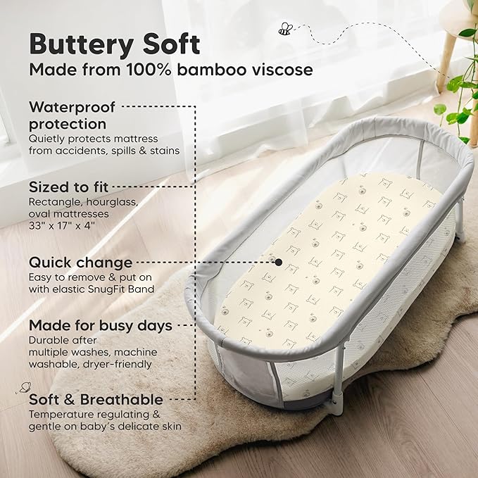 2-Pack Waterproof Bassinet Sheets Boy, Girl - 33x17 Baby Bassinet Mattress Protector Cover, Viscose Derived from Bamboo, Compatible with Graco, Baby Delight,Halo Bassinest Swivel Sleeper (Bumble Bear)